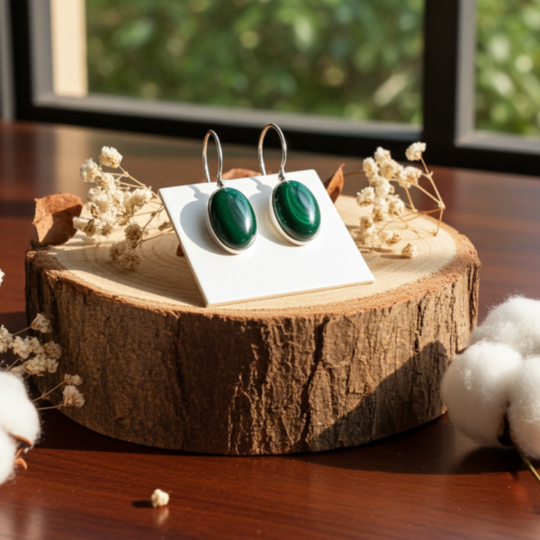 Silver 925 Earrings with Malachite platinum plated -Ασημένια Σκουλαρίκια 925 Επιπλατινωμένα με Μαλαχίτη