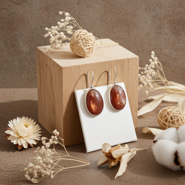 Silver 925 Sunstone Earrings-Ασημένια Σκουλαρίκια 925 Επιπλατινωμένα με Ηλιόπετρα